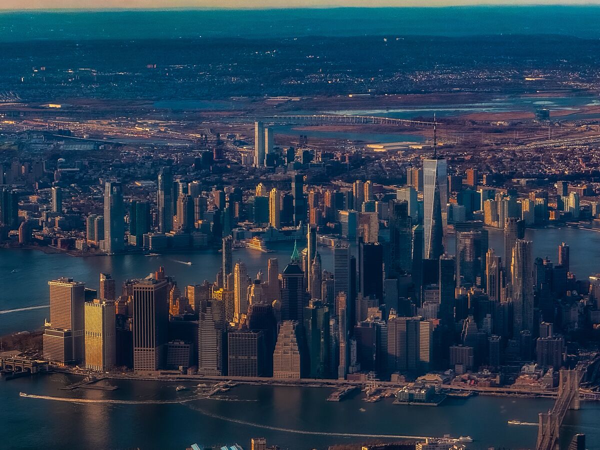 Aerial Manhattan skyline at sunset